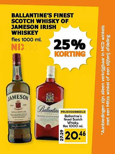 BALLANTINE'S FINEST SCOTCH WHISKY OF JAMESON IRISH WHISKEY fles 1000 ml. 25% KORTING
