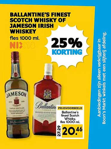 BALLANTINE'S FINEST SCOTCH WHISKY OF JAMESON IRISH WHISKEY fles 1000 ml. 25% KORTING