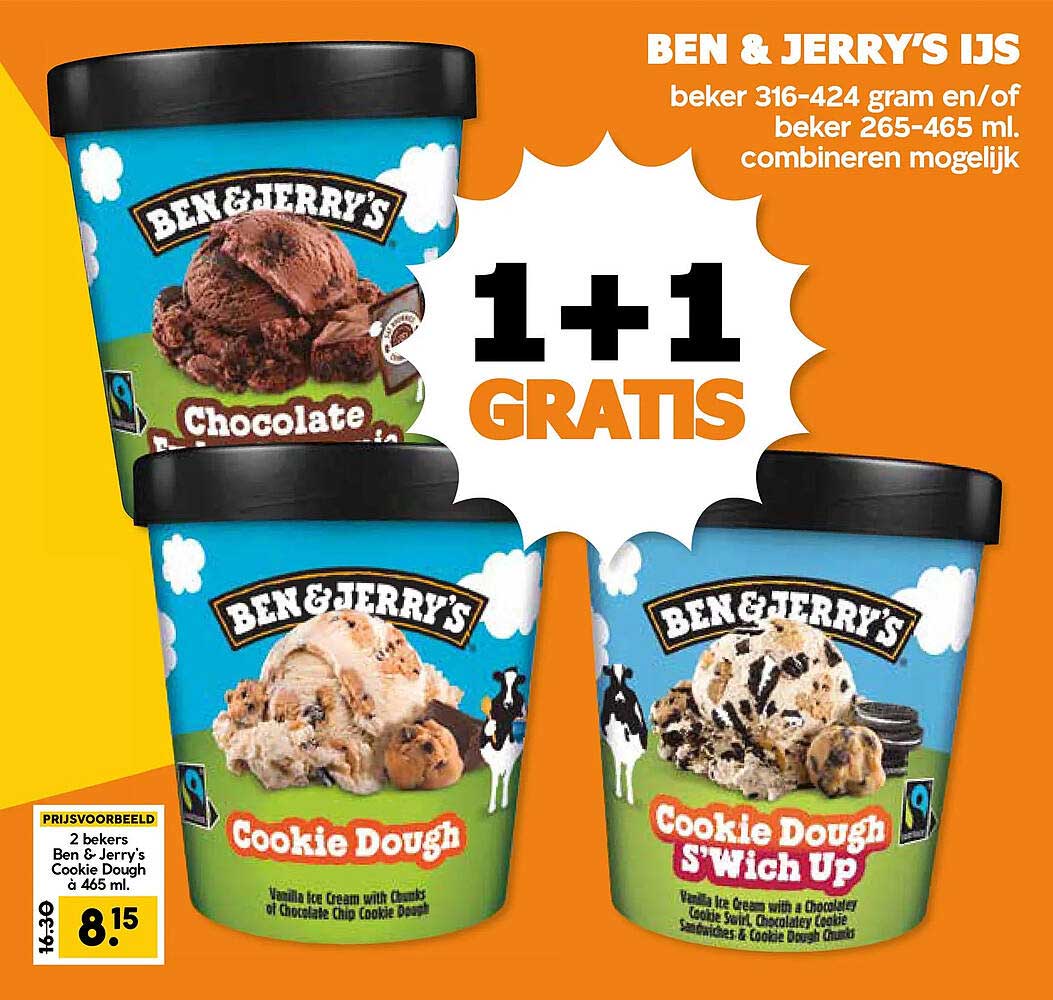 BEN & JERRY'S IJS beker 316-424 gram en/of beker 265-465 ml. combineren mogelijk 1+1 GRATIS