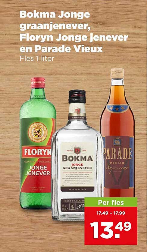 Bokma Jonge graanjenever, Floryn Jonge Jenever en Parade Vieux Fles 1 liter