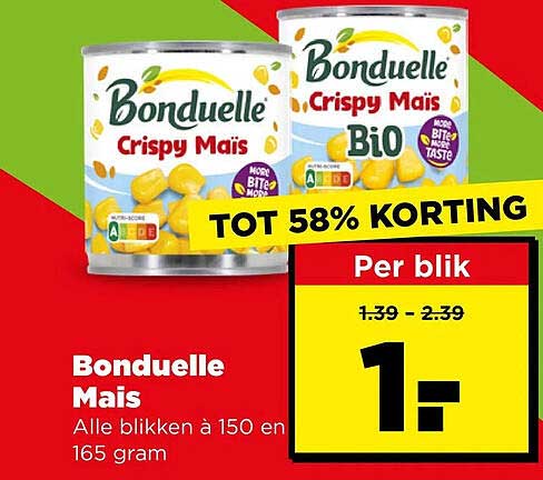 Bonduelle Mais Alle blikken à 150 en 165 gram TOT 58% KORTING Per blik