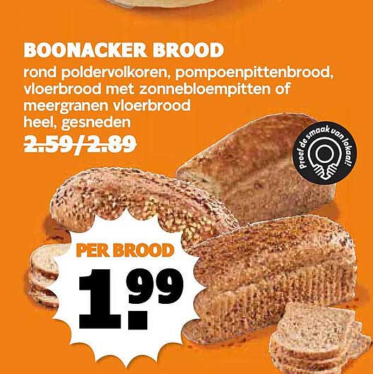 BOONACKER BROOD rond poldervolkoren, pompoenpittenbrood, vloerbrood met zonnebloempitten of meergranen vloerbrood heel, gesneden