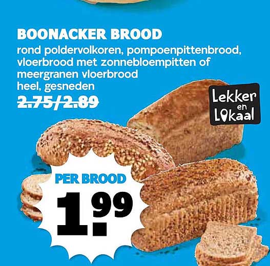 BOONACKER BROOD rond poldervolkoren, pompoenpittenbrood, vloerbrood met zonnebloempitten of meergranen vloerbrood heel, gesneden