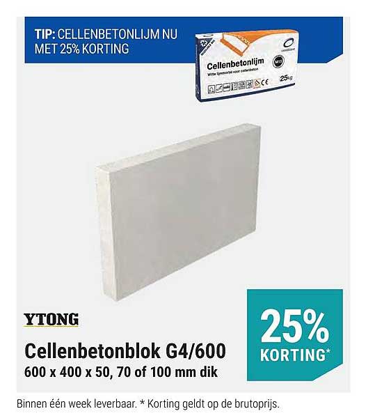 Cellenbetonblok G4/600 600 x 400 x 50, 70 of 100 mm dik 25% KORTING