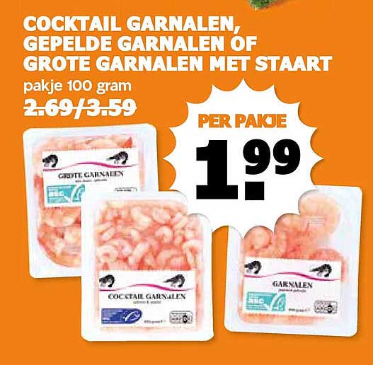 COCKTAIL GARNALEN, GEPELDE GARNALEN OF GROTE GARNALEN MET STAART pakje 100 gram