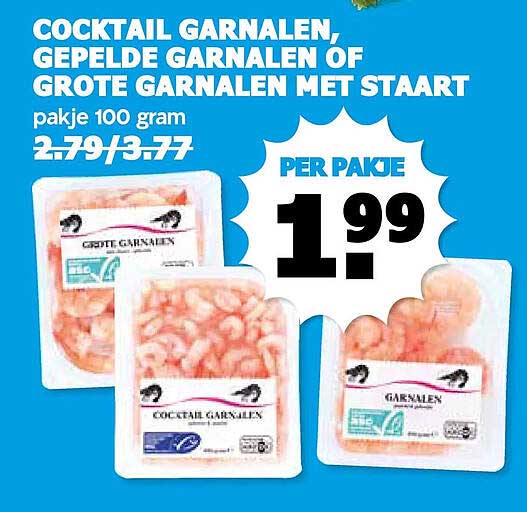 COCKTAIL GARNALEN, GEPELEDE GARNALEN OF GROTE GARNALEN MET STAART pakje 100 gram