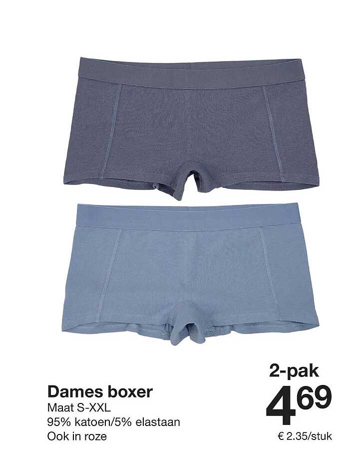 Dames boxer Maat S-XXL 95% katoen/5% elastaan Ook in roze 2-pak