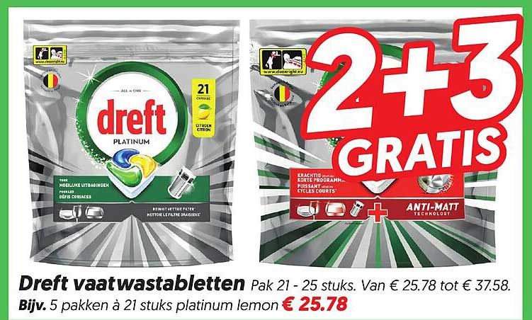 Dreft vaatwastabletten Pak 21 - 25 stuks. Van € 25.78 tot € 37.58. Bijv. 5 pakken à 21 stuks platinum lemon 2+3 GRATIS