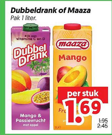 Dubbeldrank of Maaza Pak 1 liter. Mango & Passievrucht met appel per stuk