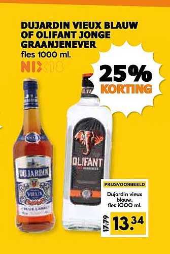 DUJARDIN VIEUX BLAUW OF OLiFANT JONGE GRAANJENEVER fles 1000 ml. 25% KORTING