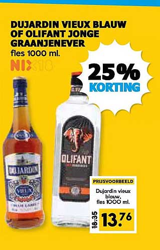 DUJARDIN VIEUX BLAUW OF OLIFANT JONGE GRANJENEVER fles 1000 ml. 25% KORTING
