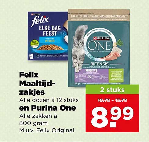 Felix Maaltijd-zakjes Alle dozen à 12 stuks en Purina One Alle zakken à 800 gram M.u.v. Felix Original