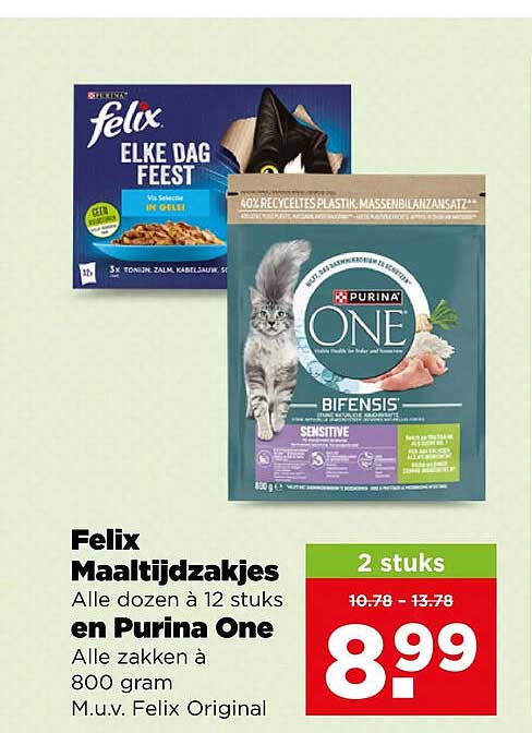 Felix Maaltijdzakjes Alle dozen à 12 stuks en Purina One Alle zakken à 800 gram M.u.v. Felix Original 2 stuks