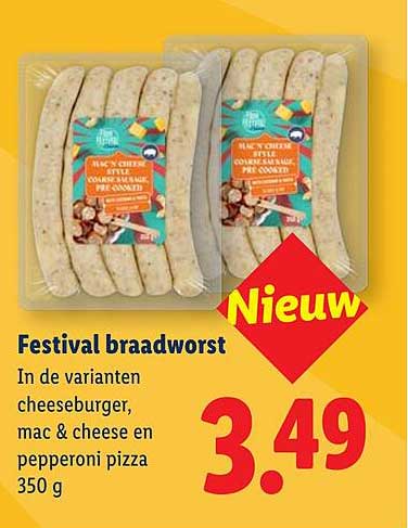 Festival braadworst In de varianten cheeseburger, mac & cheese en pepperoni pizza 350 g Nieuw