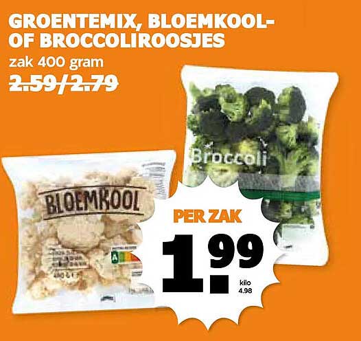 GROENTEMIX, BLOEMKOOL OF BROCCOLOROOSJES zak 400 gram