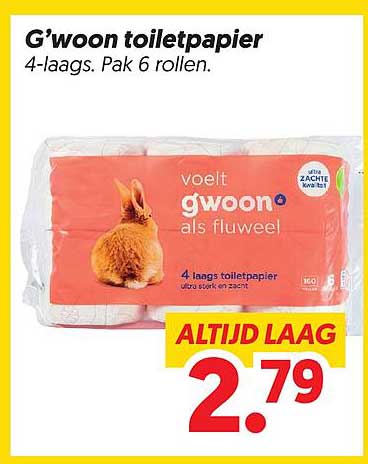 G'woon toiletpapier 4-laags. Pak 6 rollen.