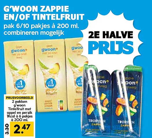 G'woon Zappie en/of Tintelfruit pak 6/10 pakjes à 200 ml, combineren mogelijk 2e halve prijs