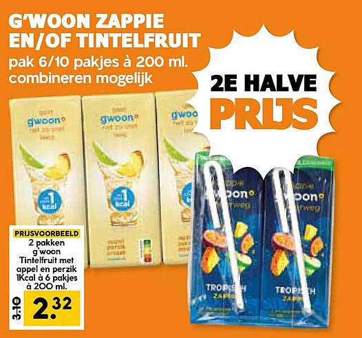 G'woon zappie en/of tintelfruit pak 6/10 pakjes à 200 ml, combineren mogelijk 2E HALVE PRIJS