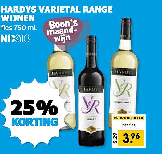 HARDYS VARIETAL RANGE WIJNEN fles 750 ml. NIX18 Boon’s maand-wijn 25% KORTING