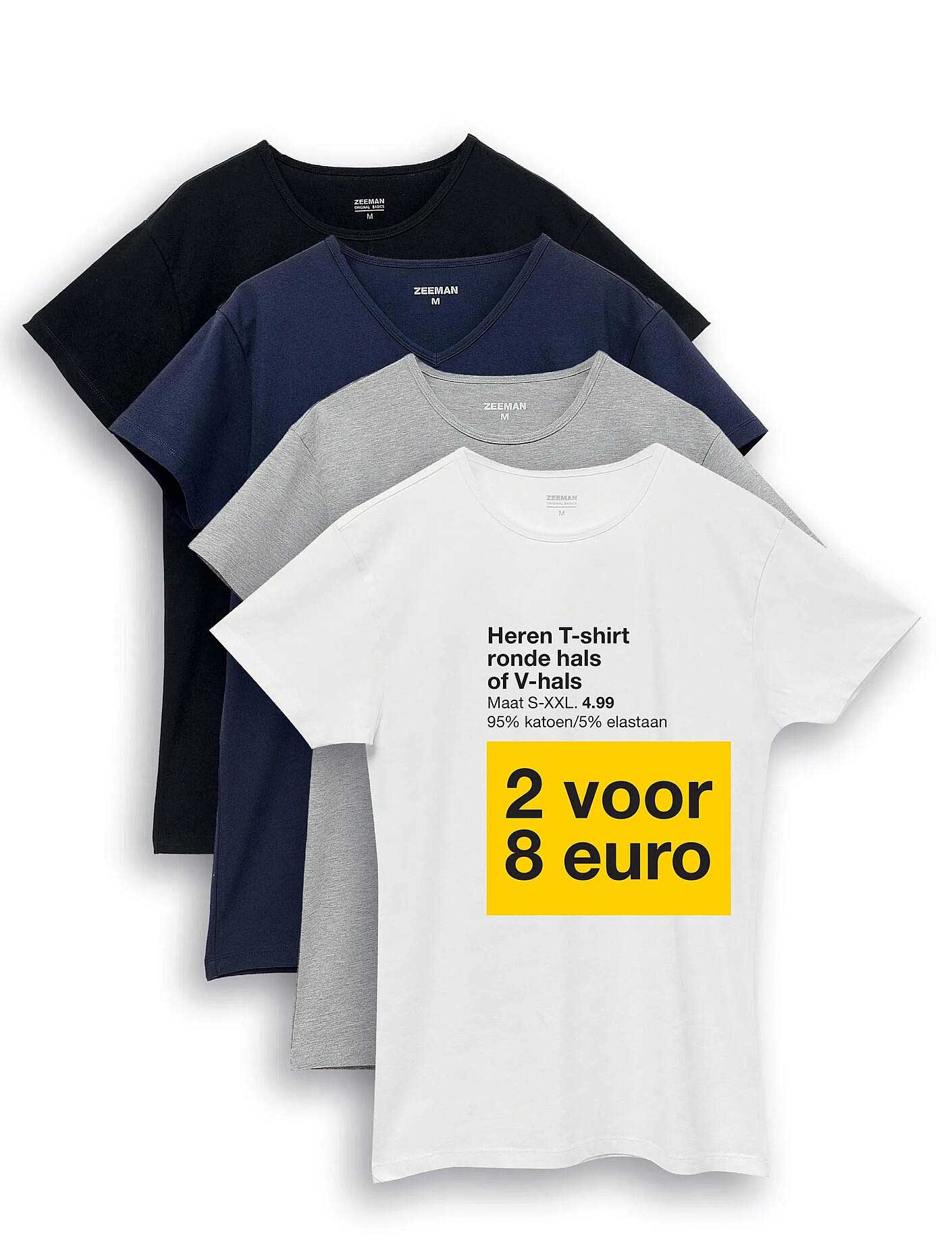 Heren T-shirt ronde hals of V-hals 2 voor 8 euro