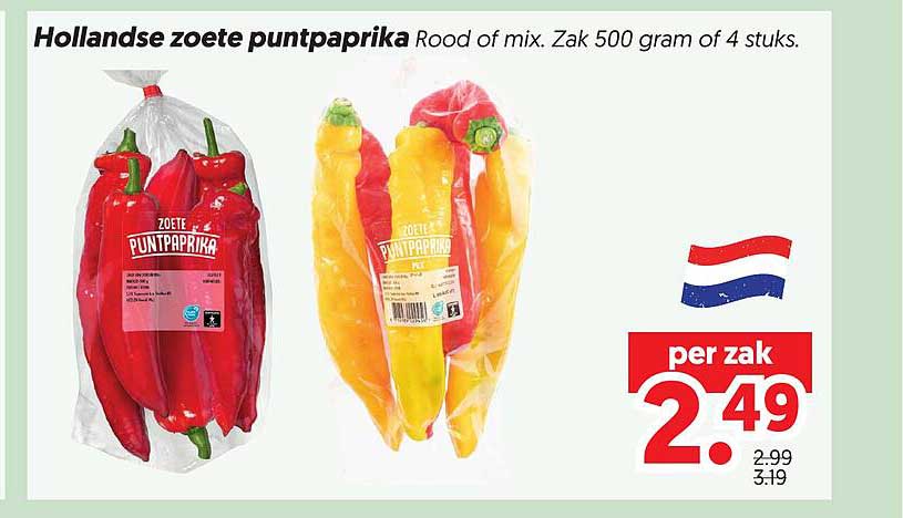Hollandse zoete puntpaprika Rood of mix. Zak 500 gram of 4 stuks.