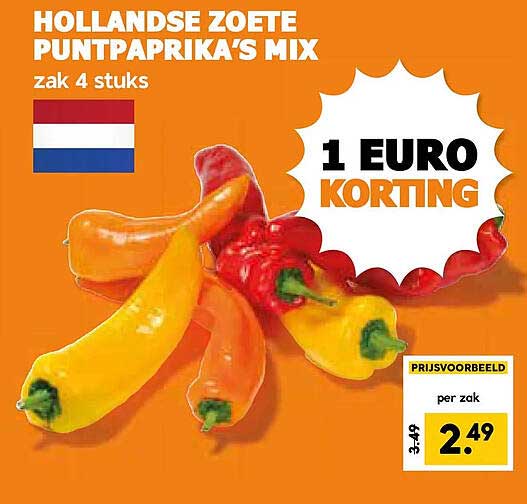 Hollandse zoete puntpaprika's mix zak 4 stuks 1 EURO KORTING
