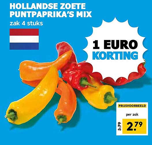Hollandse zoete puntpaprika's mix zak 4 stuks 1 EURO KORTING