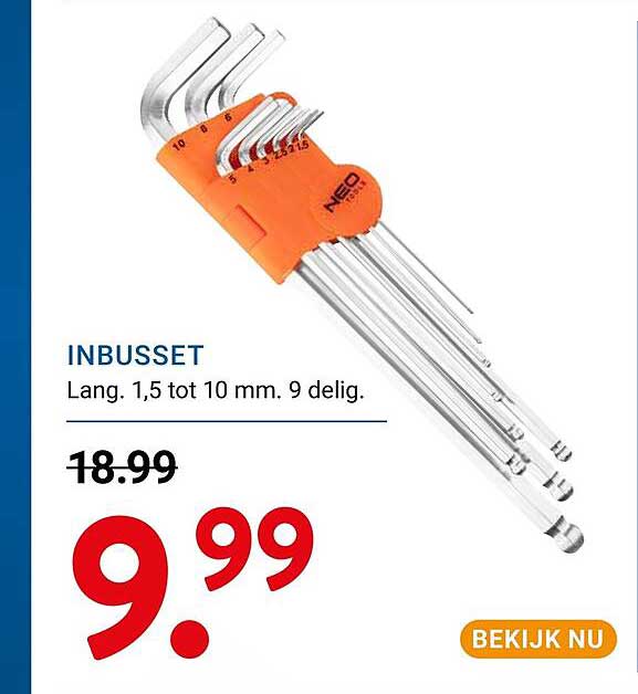 INBUSSET Lang. 1,5 tot 10 mm. 9 delig.