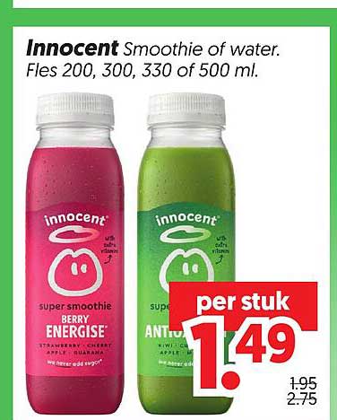 Innocent Smoothie of water. Fles 200, 300, 330 of 500 ml.