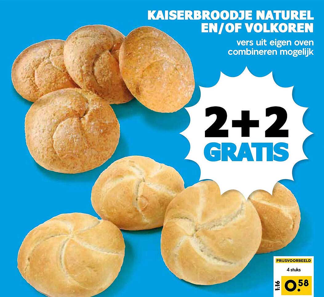 Kaiserbroodje naturel en/of volkoren vers uit eigen oven combineren mogelijk 2+2 gratis