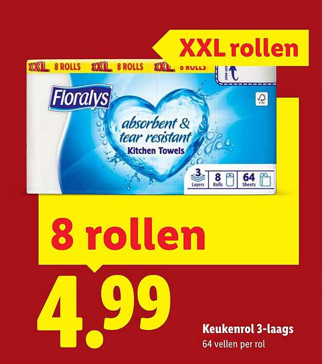 Keukenrol 3-laags 64 vellen per rol XXL rollen 8 rollen