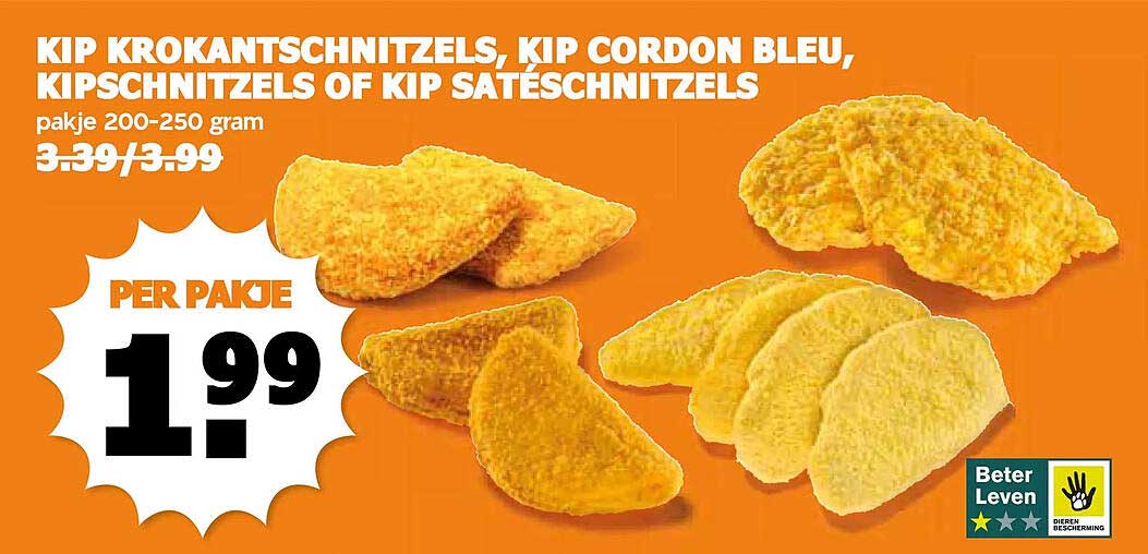 Kip krokantschnitzels, kip cordon bleu, kipschnitzels of kip satéschnitzels