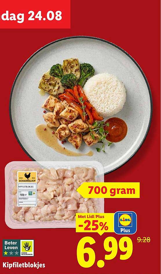 Kipfiletblokjes 700 gram Met Lidl Plus -25%