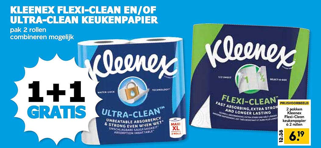 KLEENEX FLEXI-CLEAN EN/OF ULTRA-CLEAN KEUKENPAPIER 1+1 GRATIS