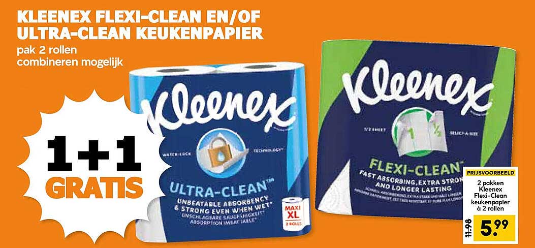 KLEENEX FLEXI-CLEAN EN/OF ULTRA-CLEAN KEUKENPAPIER 1+1 GRATIS