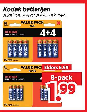 Kodak batterijen Alkaline. AA Of AAA. Pak 4+4.