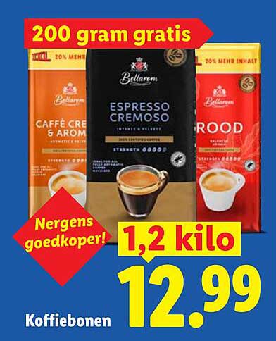 Koffiebonen 200 gram gratis 1,2 kilo