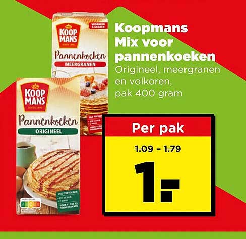 Koopmans Mix voor pannenkoeken Origineel, meergranen en volkoren, pak 400 gram