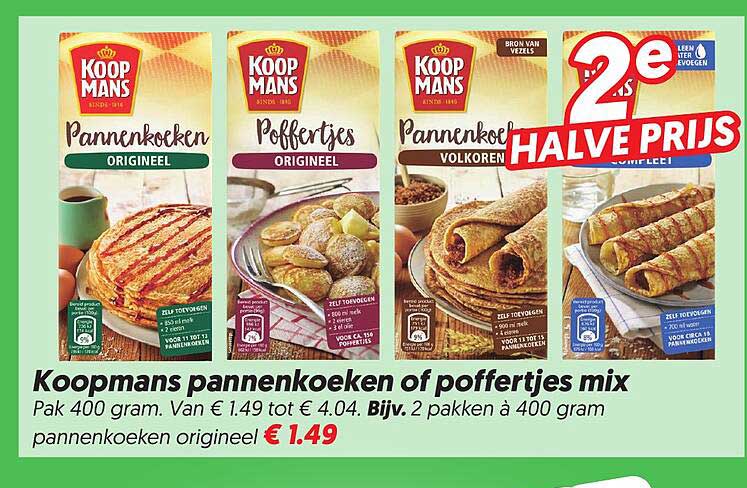 Koopmans pannenkoeken of poffertjes mix 2e halve prijs