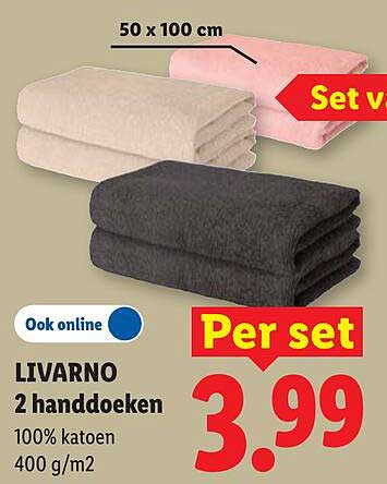 LIVARNO 2 handdoeken 100% katoen 400 g/m2 Per set