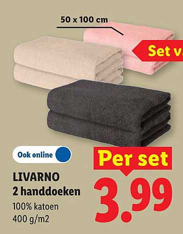 LIVARNO 2 handdoeken 100% katoen 400 g/m2 Per set
