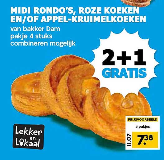 MIDI RONDO'S, ROZE KOEKEN EN/OF APPEL-KRUIMELKOEKEN 2+1 GRATIS
