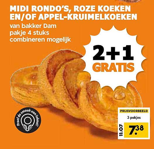 MIDI RONDO'S, ROZE KOEKEN EN/OF APPEL-KRUIMELKOEKEN van bakker Dam pakje 4 stuks combineren mogelijk 2+1 GRATIS