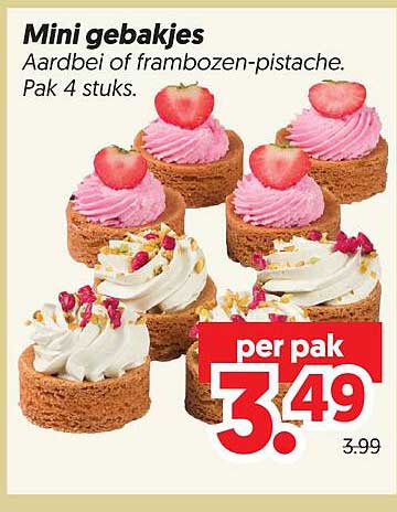 Mini gebakjes Aardbei of frambozen-pistache. Pak 4 stuks.
