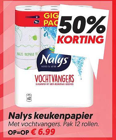 Nalys keukenpapier Met vochtvangers. Pak 12 rollen. 50% KORTING