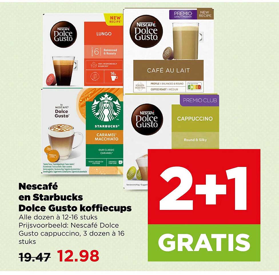 Nescafé en Starbucks Dolce Gusto koffiecups 2+1 GRATIS