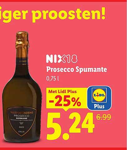 NIX18 Prosecco Spumante 0,75 l Met Lidl Plus -25%