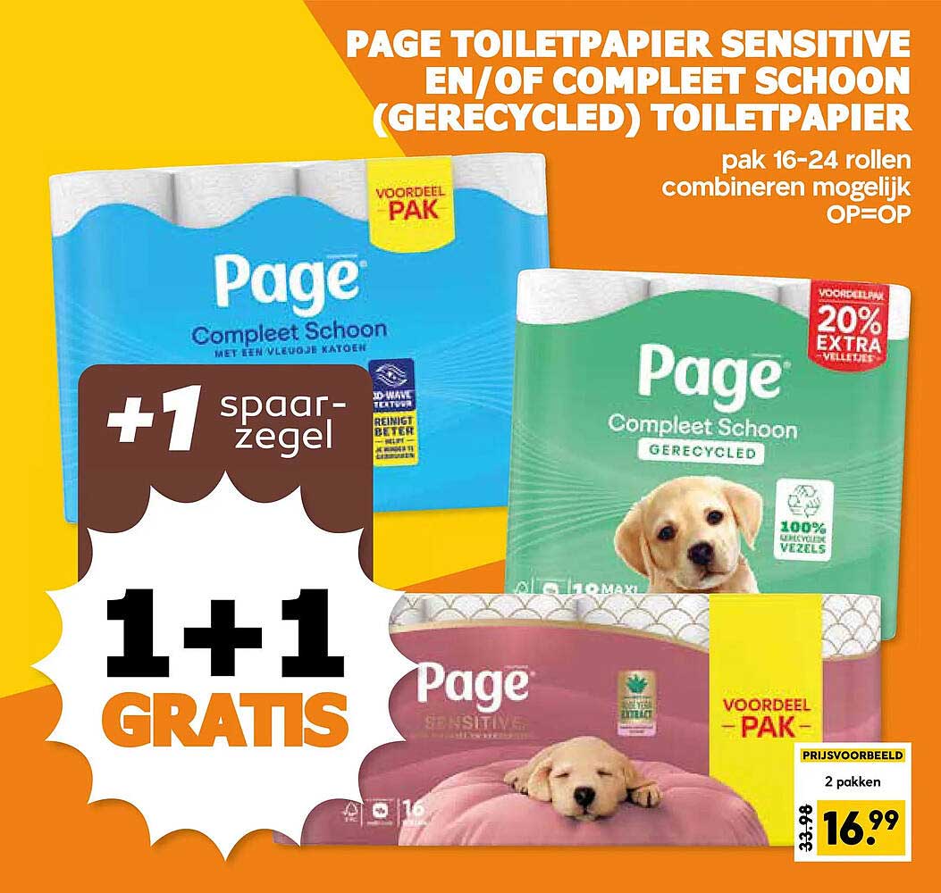 PAGE TOILETPAPIER SENSITIVE EN/OF COMPLEET SCHOON (GERECYCLED) TOILETPAPIER 1+1 GRATIS