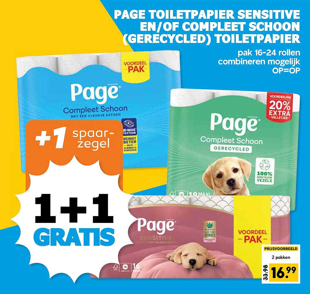 PAGE TOILETPAPIER SENSITIVE EN/OF COMPLEET SCHOON (GERECYCLED) TOILETPAPIER 1+1 GRATIS