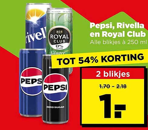 Pepsi, Rivella en Royal Club Alle blikjes à 250 ml TOT 54% KORTING 2 blikjes